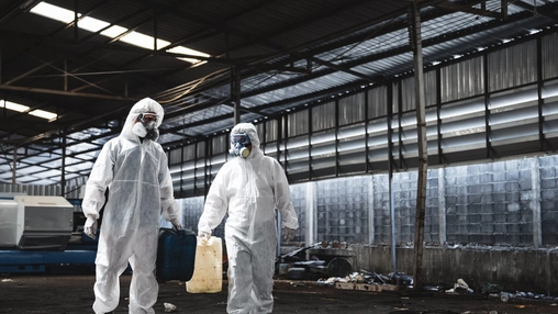 Environmental remediation workers in protective suits at industrial site
