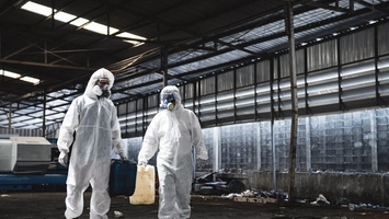 Environmental remediation workers in protective suits at industrial site